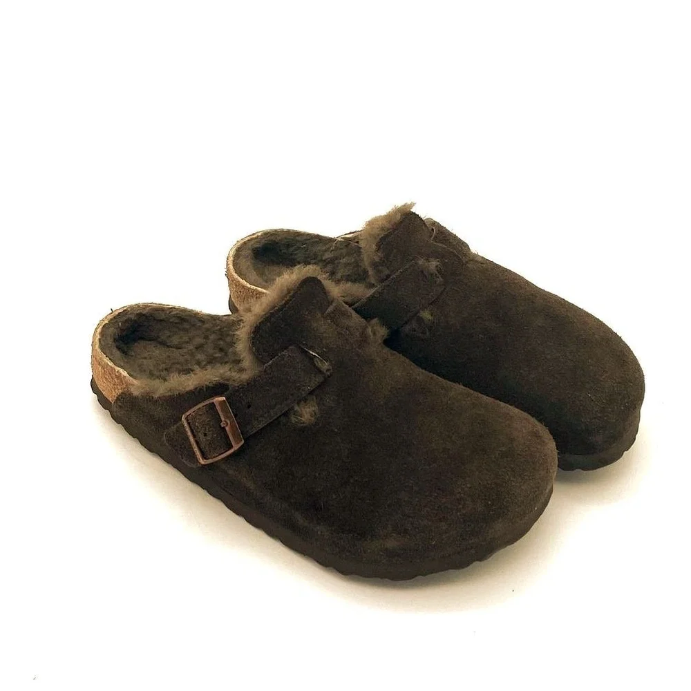 Birkenstock Dark Brown Suede Leather Clog Casual Fur Lined Size 7 Unisex